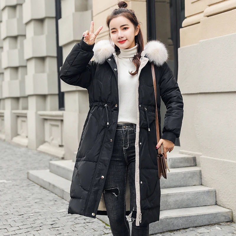 

thickening Mid-long Down Garment Straight type Zipper Down Coat Removable wool-collar Women Casual Dress Pure Color Down Garment