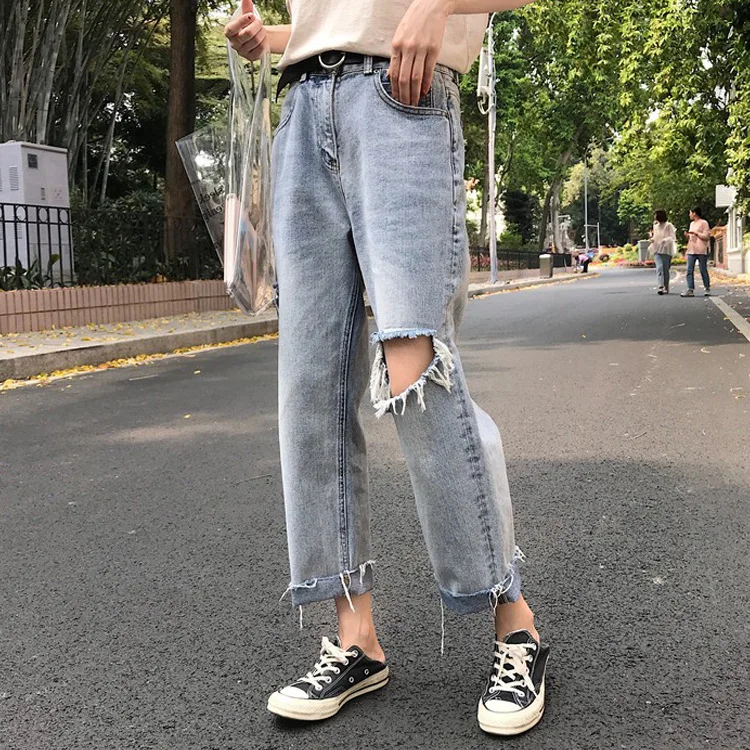 Женские джинсы большого размера, Осенние, стиль, Harajuku BF стиль, свободные штаны, корейский стиль, с дырками, juan bian ku Wome