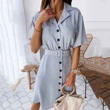 

Summer Casual Shirt Dress Fashion Midi Dresses with Belt Women 2020 Solid Color Short-sleeved V-neck Button Vestidos De Fiesta