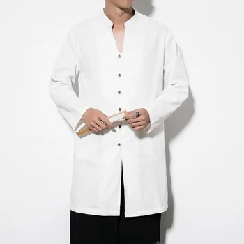 

#0556 Spring Long Shirts For Men Long Sleeved Vintage Stand Collar Cotton And Linen Shirts Men Plus Size White Black Blue Grey