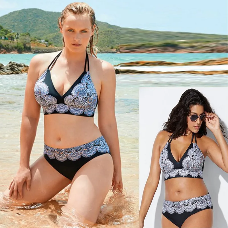 

Plus size bikini print halter swimsuit large sizes women swimwear bandage push up swimsuit large bras swimwear female drop ship
