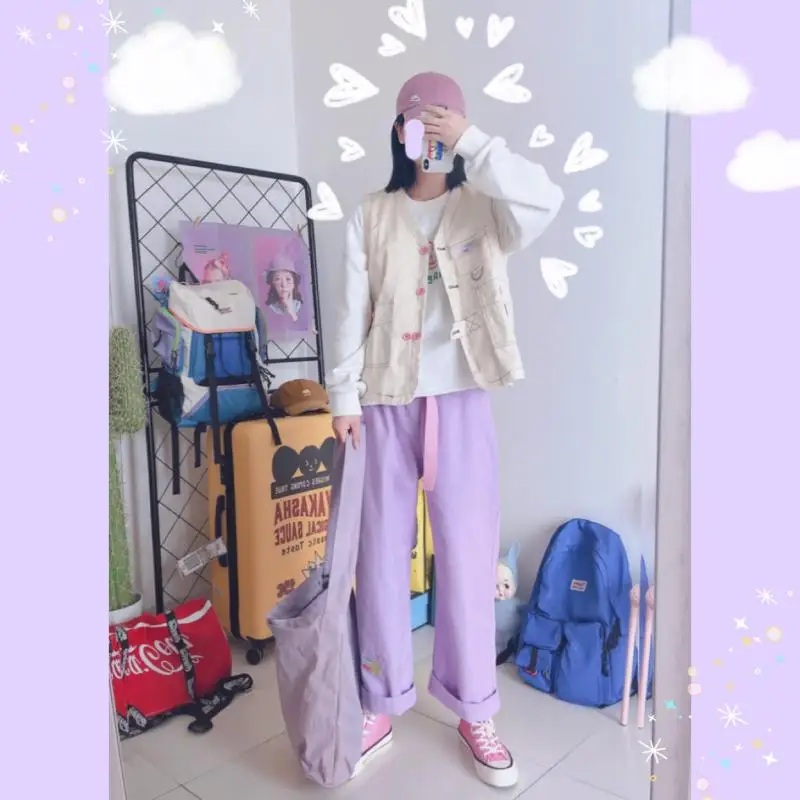 Harajuku мультфильм вышитые джинсовые брюки женские брюки с высокой талией милые повседневные фиолетовые брюки Kawaii Девушка широкие брюки женские
