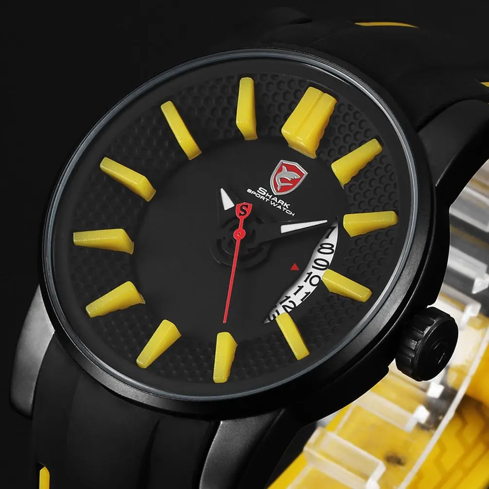Yellow SH479 Серый риф акула спортивные часы дизайн мужские отображение даты хаки 3D кварцевые часы военный силиконовый ремешок наручные часы/SH480 - Цвет: Yellow SH479