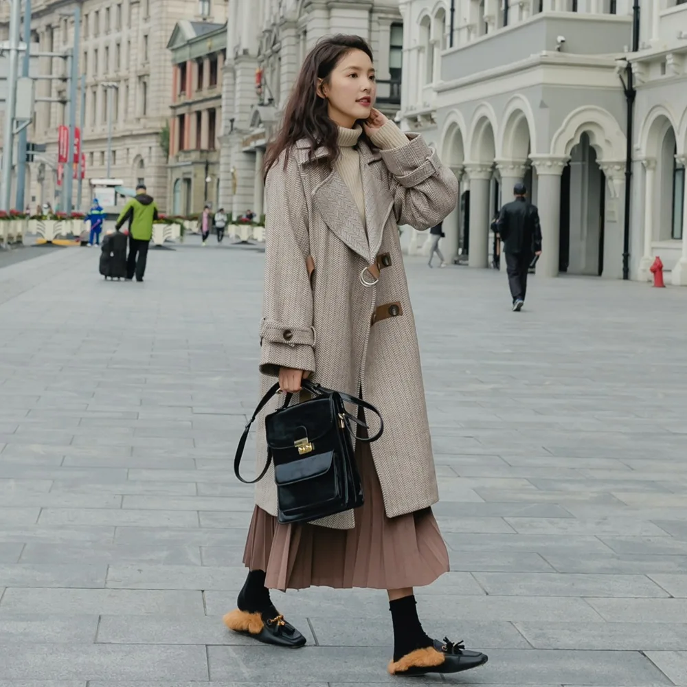 

Woolen Jacket Women's Photo Shoot 2018 Autumn And Winter New Style Retro Laziness-Style Fashion Long Plaid Woolen Overcoat Coat