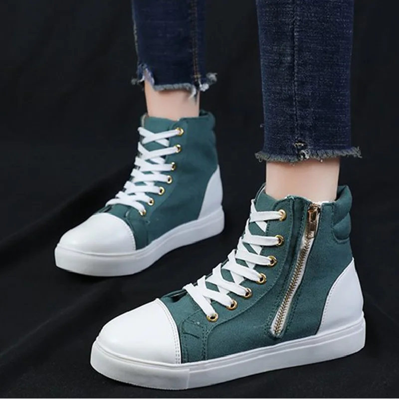 

Autumn New Woman Canvas Lace Up Sneakers High Top Flat Students Zipper Female Platform Comfortable Causal Vulcanized Shoes