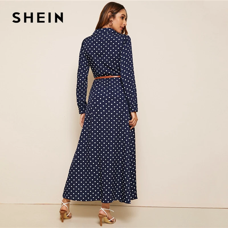 SHEIN Navy Polka Dot Print Buttoned Shirt Maxi Dress With Belted Women Autumn Long Sleeve Shift High Waist Casual Dresses
