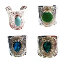 Серебристые браслеты с широкими манжетами для женщин, модные браслеты с сине-зеленым камнем, винтажный браслет, богемные ювелирные изделия