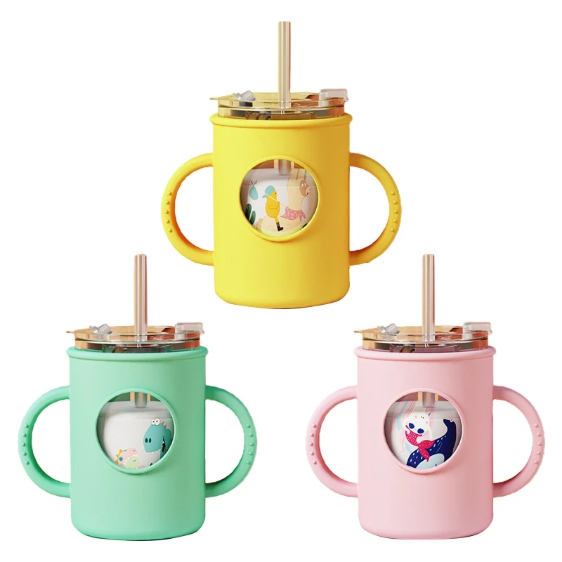 

250ml Baby Glass Straw Bottle with Lid Toddler Learning Drinking Milk Drinkware