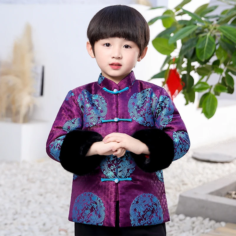 Tang/детский топ Cheongsam для мальчиков; Утепленные зимние костюмы Qipao из сатина; костюмы для малышей; свадебное китайское платье с длинными рукавами для девочек