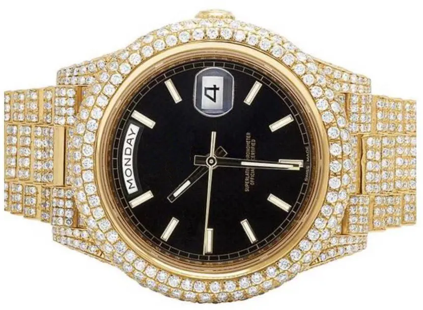 

Luxury Brand New Men Automatic Mechanical Waterproof Yellow Gold Full Diamonds Daydate Stainless Steel Sapphire Watch AAA+