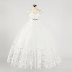 Sweet Gold Lace Long Flower Girl Dresses For Wedding Crystal Beads Ball Gown Girls First Communion Gowns Special Occasion Dress