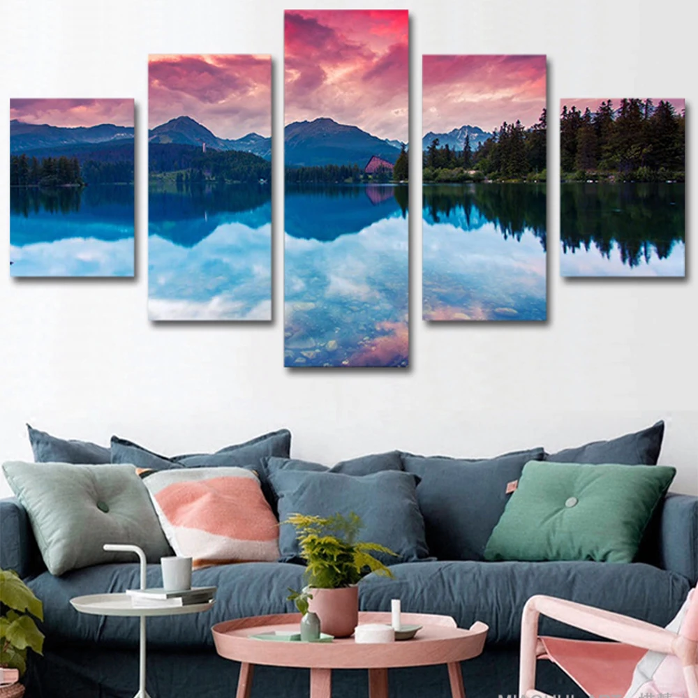 Wall Art Холст Картина горного леса облака озеро модульная HD с 5 панели для плакатов