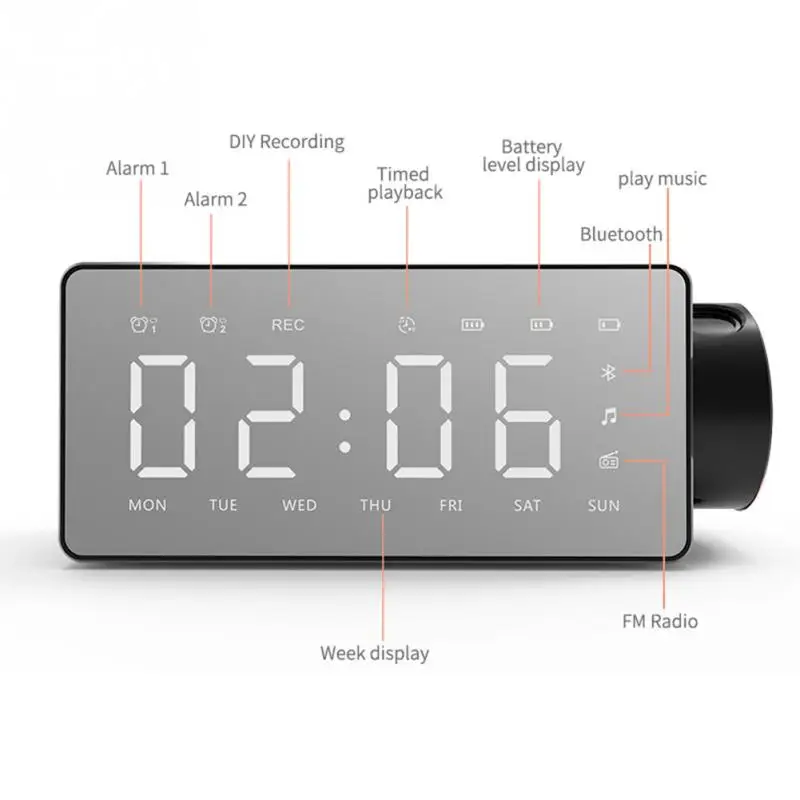 Проекционный будильник, Bluetooth динамик, Беспроводная зарядка, умный будильник, fm-радио, один щелчок, повтор, Украшение Рабочего Стола