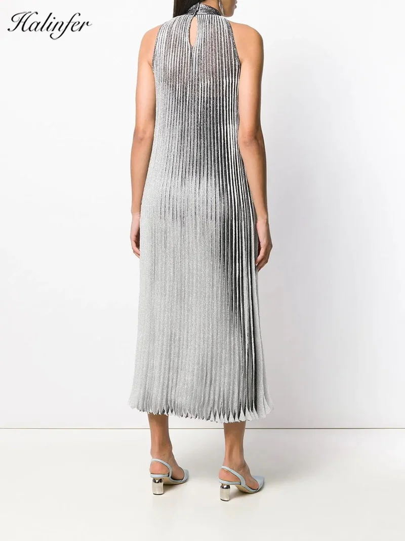 Halinfer2019Elegant Dress High Quality O-neck Pleated Bodycon Maxi Celebrity Wedding Cocktail Party Dress Vestidos Drop Shipping