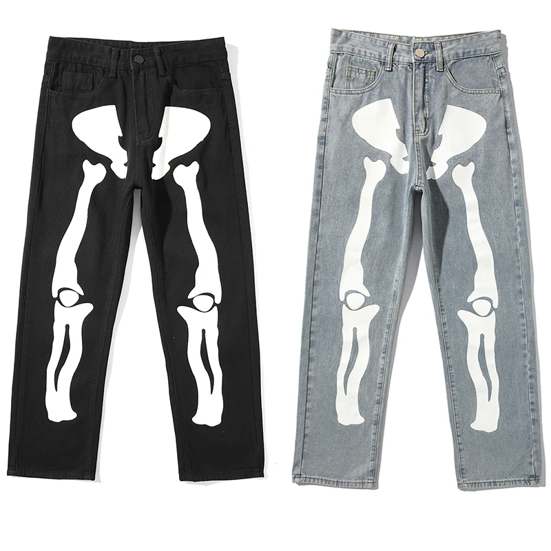 Mens Skeleton Printing Wash Jeans Pants 2021 New Women Men Streetwear Hip Hop Wide Leg Pants High Waist Denim Pants Overalls