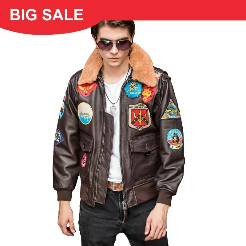 

2020 Brown Men Military Pilot Leather Jacket Europe Size XXL Genuine Thick Cowhide TOP GUN Aviator Leather Coat FREE SHIPPING