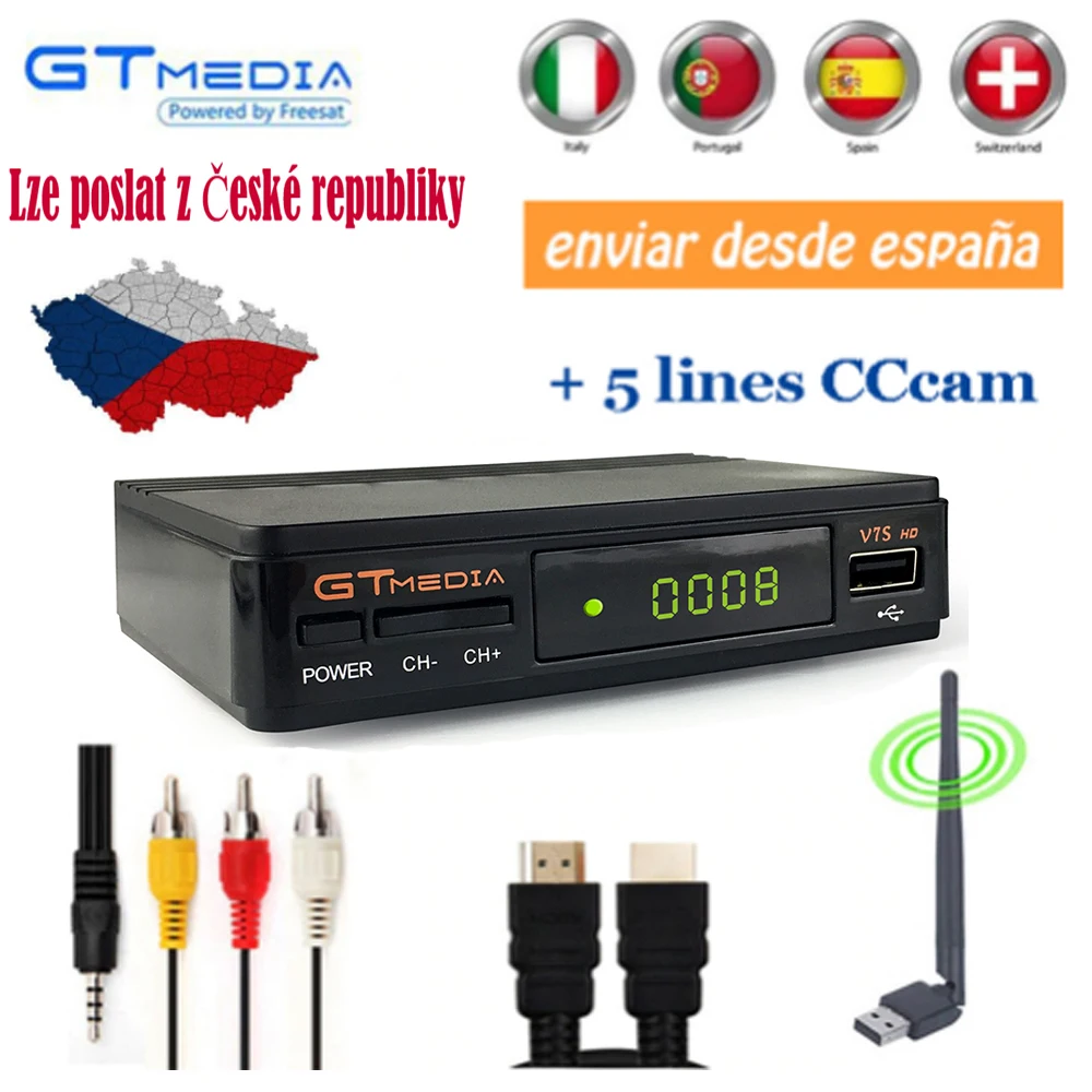 GTmedia V7s HD DVB-S2 с USB Wi-Fi Anttena FTA ТВ приемник GTmedia V7S HD V8 поддержка 1 год Испания Европа cline сетевой обмен - Цвет: V7S HD with wifi