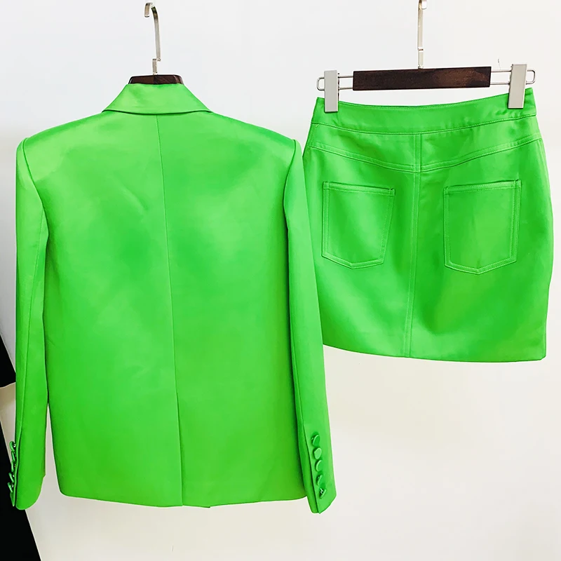 HIGH STREET Newest Fashion 2024 Designer Runway Suit Set Women's Double Breasted Straght Satin Blazer Mini Skirt Set 3