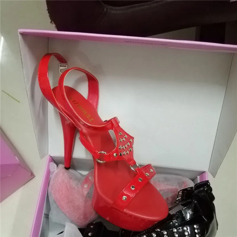 Classic 15cm peep-toe high heels, beauty party shoes, rivet uppers, unusual model catwalk, pole dancing shoes - Цвет: Красный