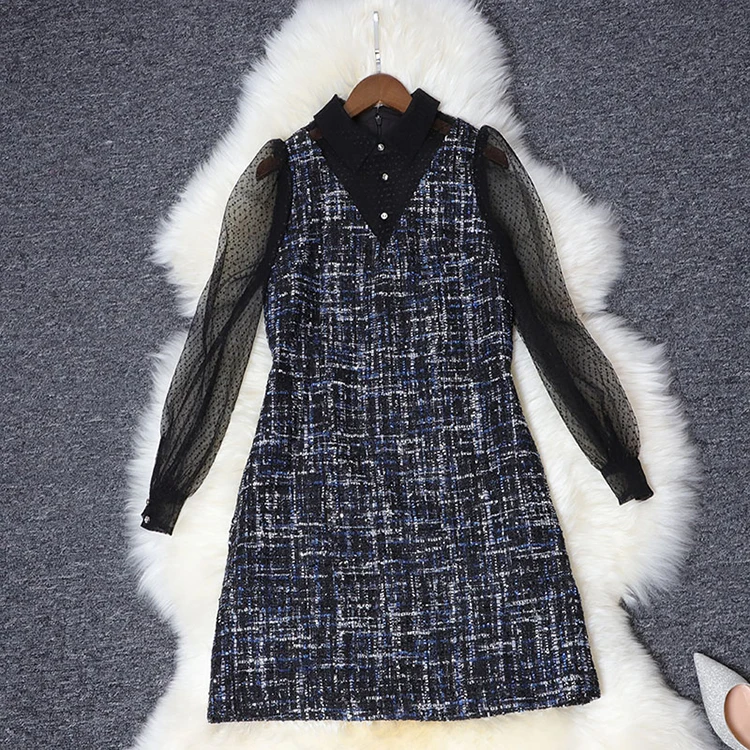 AELESEEN European Office Lady A-Line Dresses High Quality Woollen Luxury Mesh Lantern Sleeve English Style Plaid Mini Dress