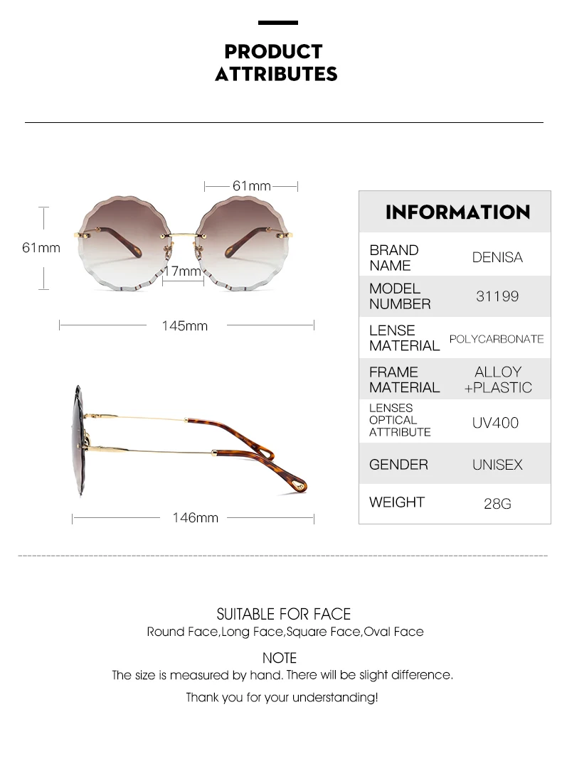 DENISA бренд унисекс винтажные Круглые Солнцезащитные очки женские ретро очки мужские солнцезащитные очки без оправы женские UV400 zonnebril dames G31199
