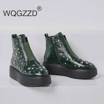 

Bottes femme motorcycle boots women's winter shoes genuine leather thick bottom beading bling metal rivets zipper ankle boots