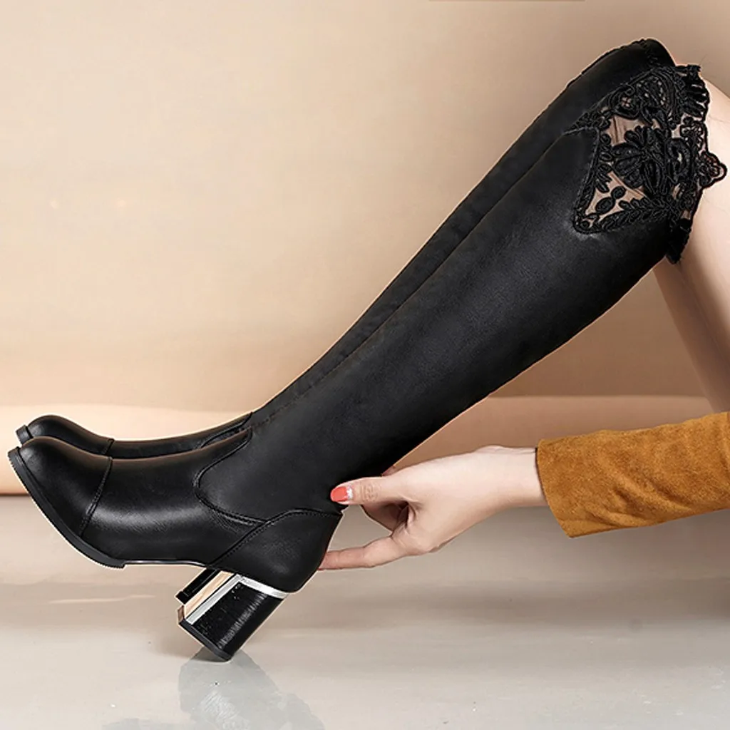 SAGACE shoes Women Embroidered Lace Knee Bare Boots Square High Heel Casual Long Tube sexy fashion new boots-women 2019NOV1