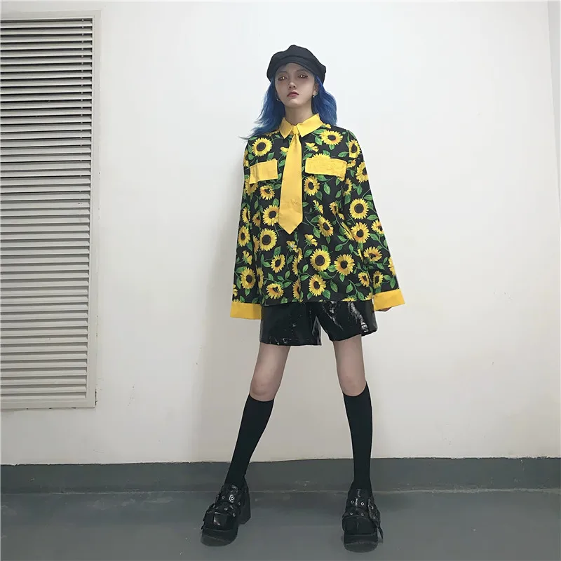 Neploe Harajuku уличная блузка рубашка с принтом подсолнухов с длинным рукавом повседневные блузы корейские женские топы большого размера с галстуком 55895