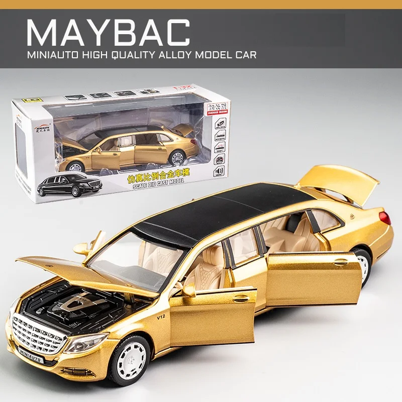 1/32 удлиненная модель Mabach литья под давлением L = 20 см с 6 с открывающимися дверцами, коллекционный уровень, 4 цвета, возраст 6 лет и выше, игрушечная машинка - Цвет: Golden With box