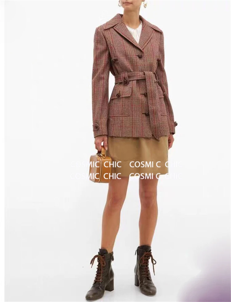 Cosmicchic осенне-зимнее женское Шерстяное клетчатое пальто с нагрудным карманом и поясом, куртка в английском стиле, ретро клетчатое пальто