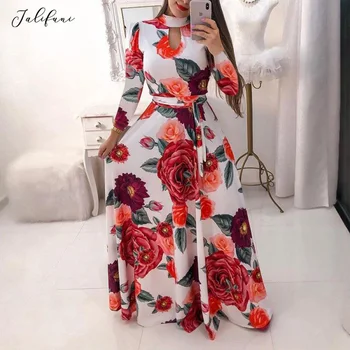 

Women Hollow Out Long Dress Casual Boho Print Lace Up Maxi Dress 2020 Spring Autumn Hot Sale Elegant Party Dresses Plus Size 5XL
