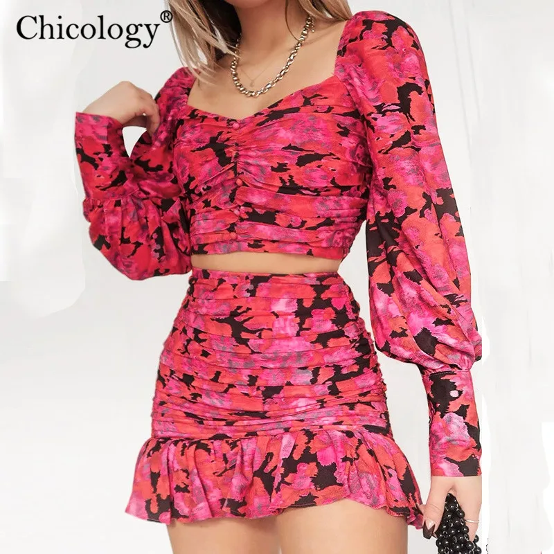 Chicology нарядные элегантное цветочек цветочным ruched 2 комплект из двух предметов женское пышным длинным рукавом Лонгслив кроп топ с высокой талией мини-юбка осень осеннее зимняя одежда женский наряд