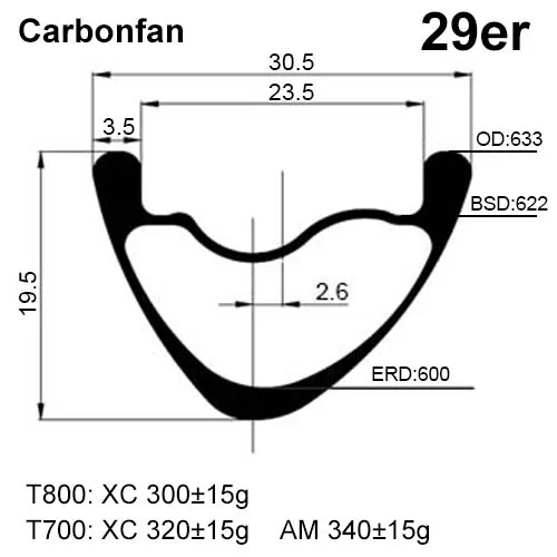 Carbonfan T800 Superlight 29er Ширина: 30,5 мм Глубина: 19,5 мм Асимметричный карбоновый горный велосипед обод