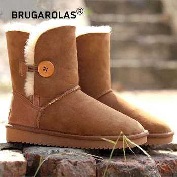 

2020 Classic Australia women snow boots Real Sheepskin suede leather Mid-calf button wool fur lined Keep warm winter women shoes