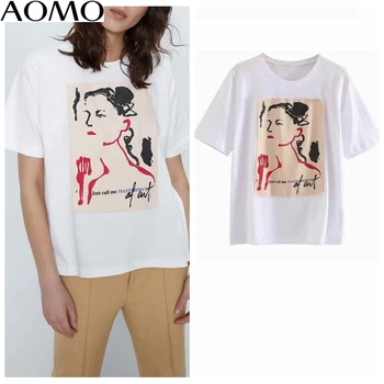 

AOMO fashion women vintage print cotton white T shirt short sleeve O neck tees ladies casual tee shirt street wear top 6P07A