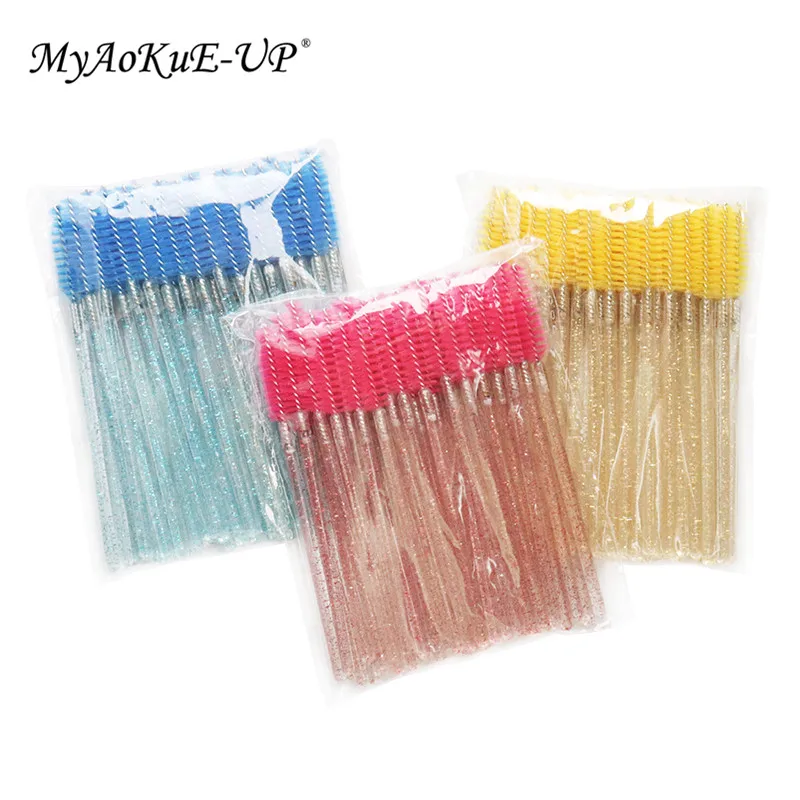 50 шт./лот, одноразовые палочки для туши для ресниц, нейлоновые кисти для макияжа, щетка для ресниц с хрустальной ручкой