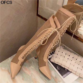 

2020 New Mesh Long Boots For Women High Heel Pointed Thin Heeled Women Boots Sexy Summer Boots Zipper Lace-up Women Shoes