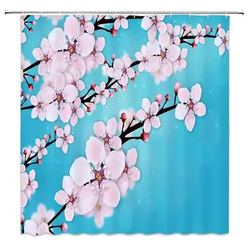 

Pink Cherry Blossom Shower Curtain Spring Decor Blue Sky Bathroom Curtain Decor Machine Washable with Hooks 70x70Inches