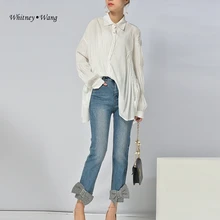 WHITNEY WANG,, Весенняя мода, уличная одежда, блестящий бант, манжеты, пэтчворк, джинсы для женщин, стильные джинсовые штаны размера плюс 5XL