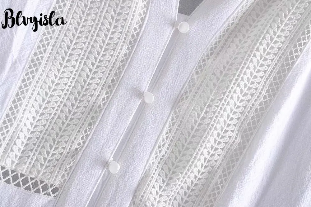 Blvyisla Solid White Color Lace Stiching Short Flare Sleeve Long Beach Dress Female Sexy V neck Holiday Long Dresses