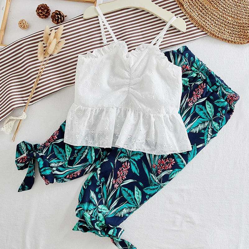 

2020 New Girl Clothing Fashion Summer Hollow Sling T-shirt Top and Printed Bow Pants 2 Piece Set 3-7T Girls Baby Clothes