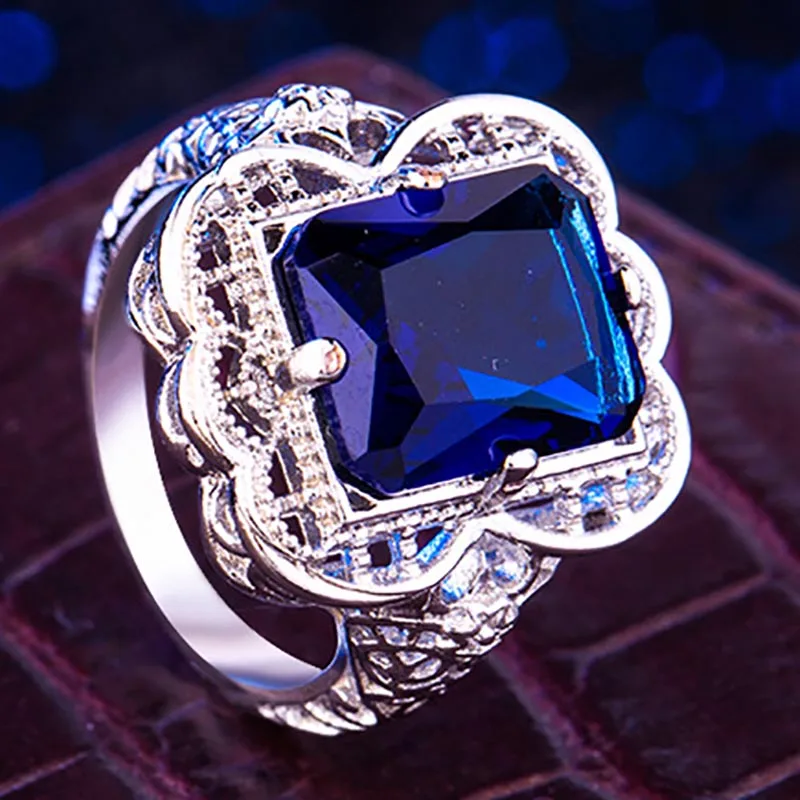 Dark Blue Целлюлозное винтажное серебряное кольцо 925 для женщин серебряные ювелирные изделия желтый топаз прямоугольный драгоценный камень кольцо для женщин аксессуары оптом - Цвет камня: Dark Blue