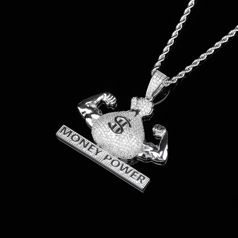 Хип-хоп AAA+ кубический цирконий проложили Bling Iced Out Money power dollar Подвески ожерелье для мужчин рэппер ювелирные изделия золото серебро