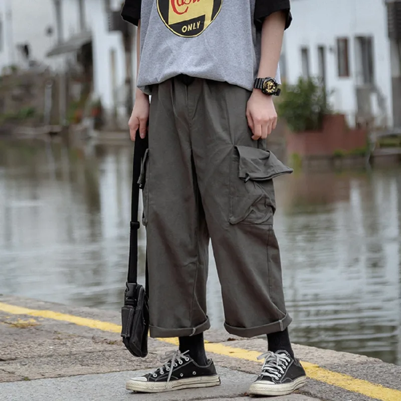 

Straight Pants Men's Fashion Solid Color Multi-pocket Overalls Men Streetwear Loose Hip-hop Drawstring Casual Pants Mens S-2XL