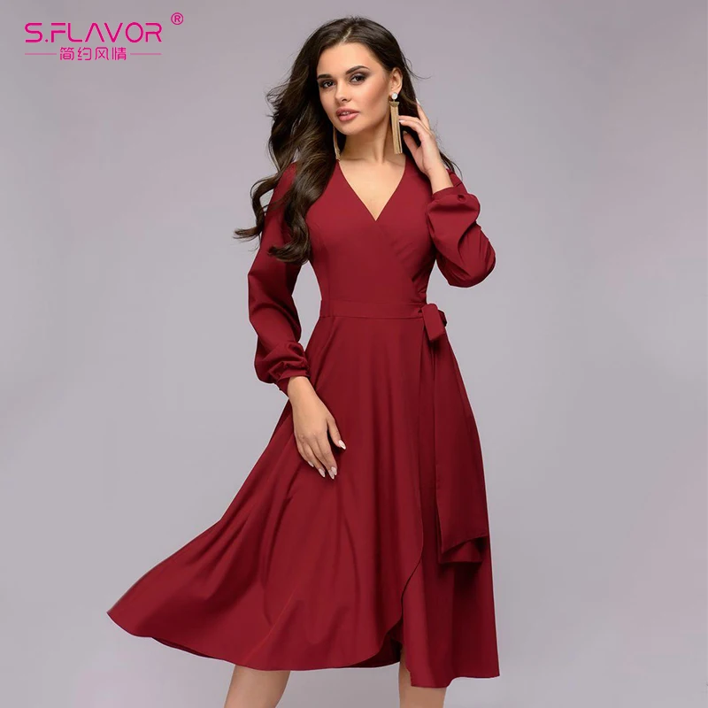 S. FLAVOR однотонное женское платье трапециевидной формы элегантное приталенное с v