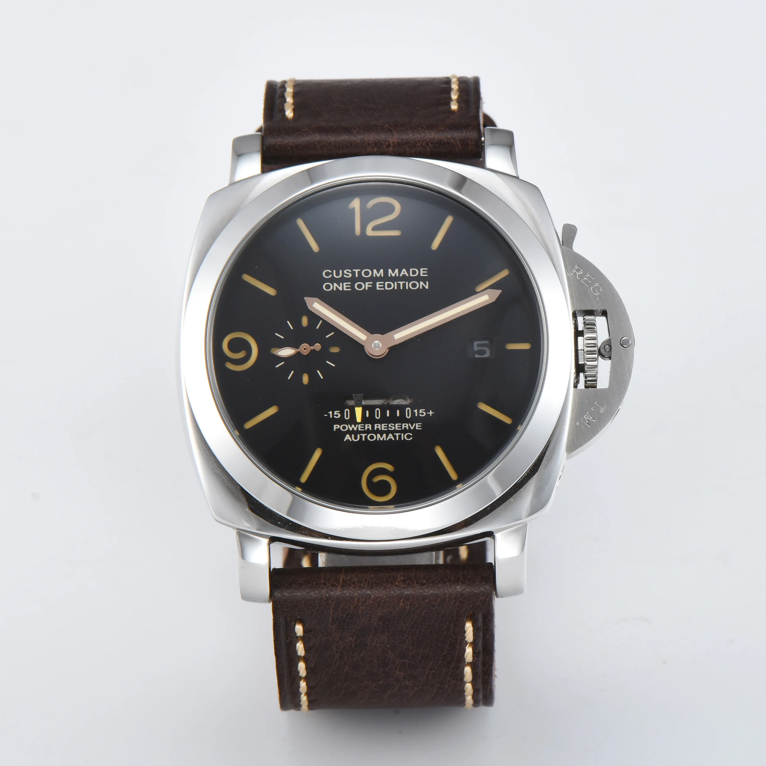 

Automatic watch 47mm Movement power reserve Stainless Steel case Men's Watch High Quality Leather Strap P-47-1