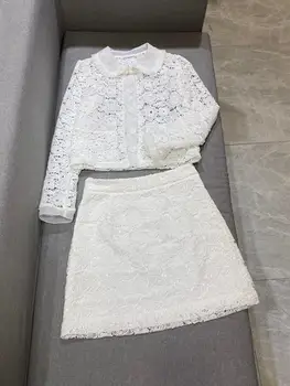 

Autumn Winter Women Lace Embroidery Set 2020 High Quality Runway Luxury Black / White Warm Beading Coat + Mini Skirt Suits