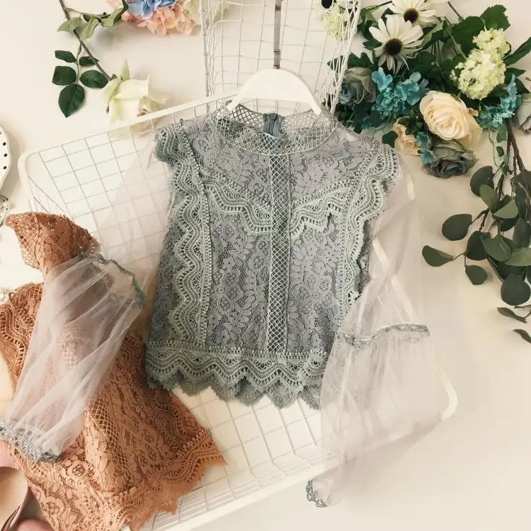 Новое поступление женский, сетчатый кружевная, с цветочным узором и ручкой с рукавом-фонариком свободные ретро короткий пуловер Женская блузка, модные милые из тонкой прозрачной ткани, костюмы