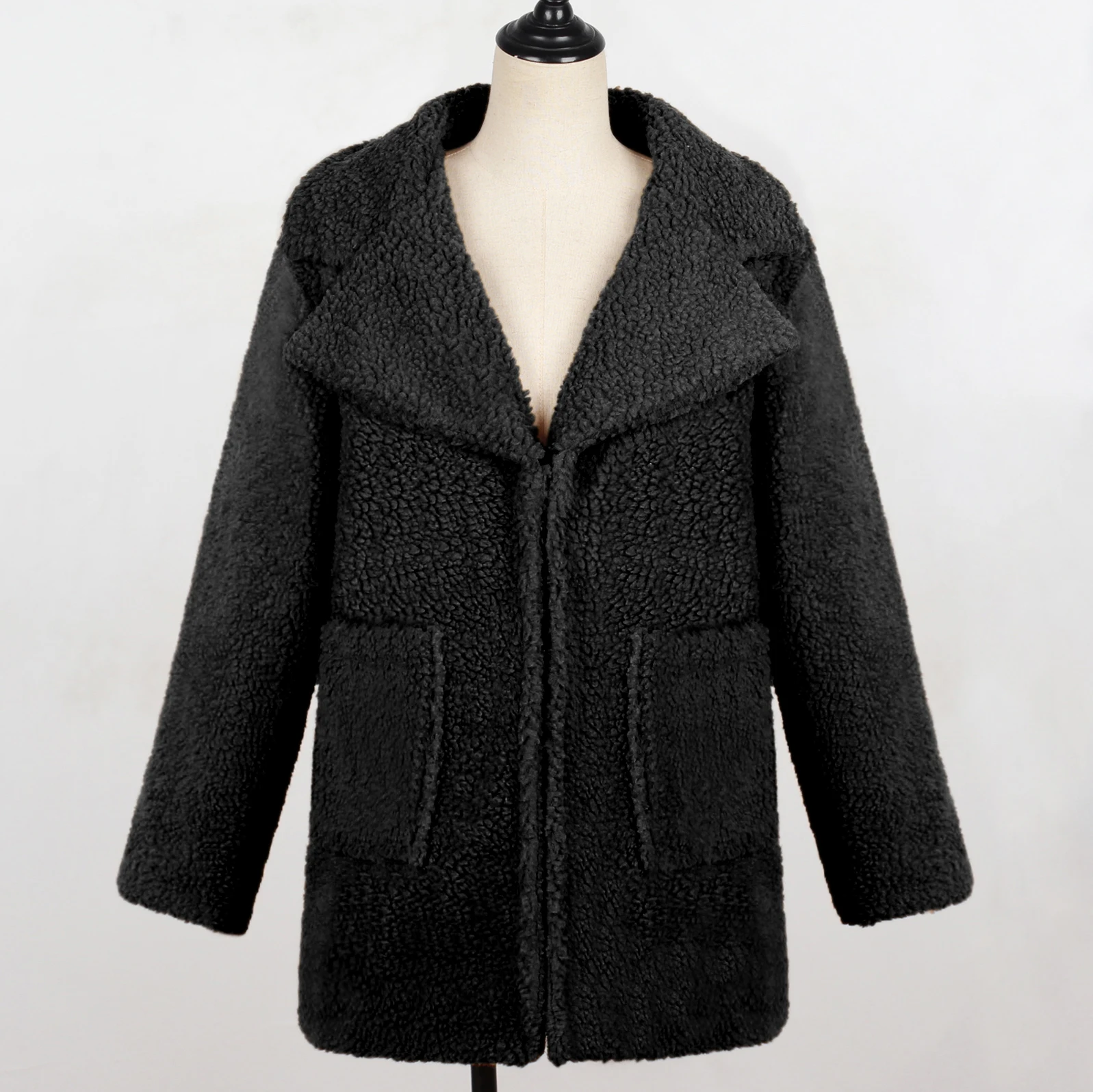 Элегантное женское пальто из искусственного меха, осенне-зимняя меховая куртка на молнии, женское плюшевое пальто с карманами и отворотами, повседневное плюшевое пальто, верхняя одежда