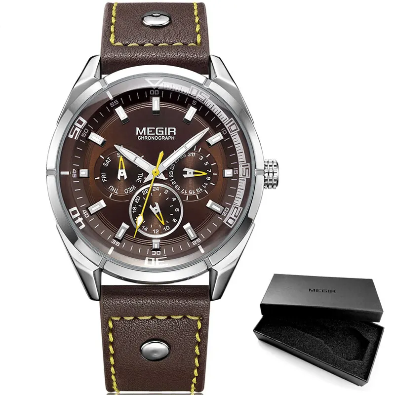 Люксовые часы от бренда MEGIR, Для мужчин черный кожаный ремешок кварцевые часы Водонепроницаемый световой наручные часы для мужчин в течение 24 часов в неделю Дата Дисплей 2072G-BK-7 - Цвет: M2072G-Brown